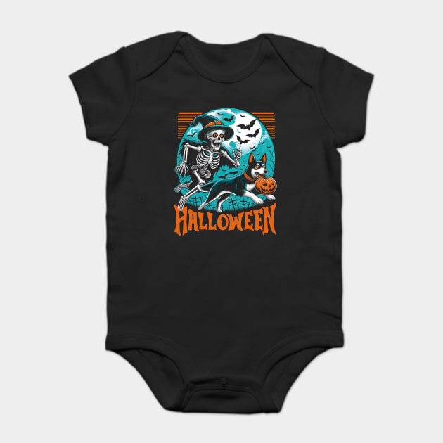 Skeleton Chasing Dog Halloween Baby Bodysuit by JessArty